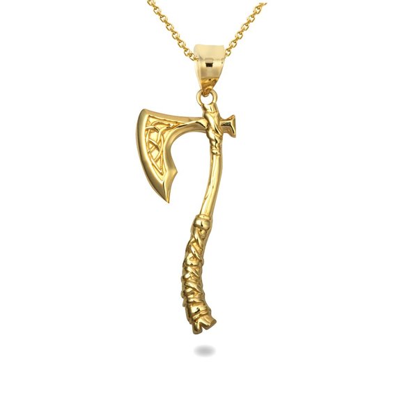10K Solid Gold Viking Battle Axe Norse Pendant Necklace - Yellow, Rose, White - Picture 1 of 10